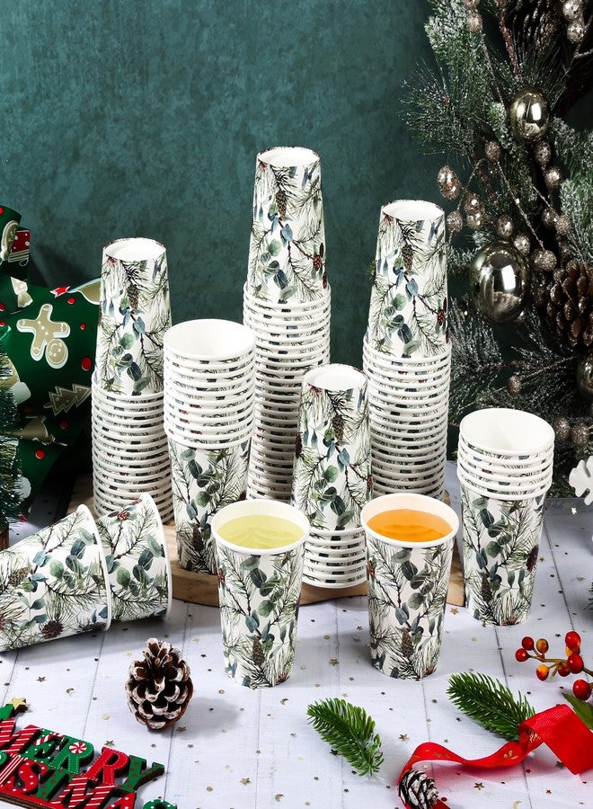 AimFun 100 Pcs Christmas Party Paper Cups Winter Pine Branches Cones and Eucalyptus Disposable Cup Xmas Greenery 9oz Disposable Party Cups for Hot Cold Beverage Coffee Tea Drinks - Image 4